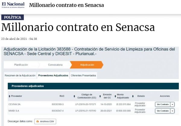 Senacsa realiza millonario contrato para Limpieza y Mantenimiento