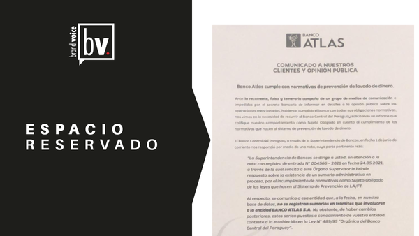 ESPACIO RESERVADO: Comunicado de Banco Atlas a sus clientes y opinión pública sobre prevención de lavado de dinero