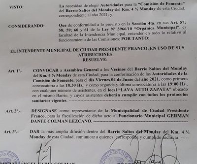 Convocan a elección de Comisión de Fomento en Franco