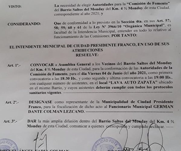 Convocan a elección de Comisión de Fomento en Franco