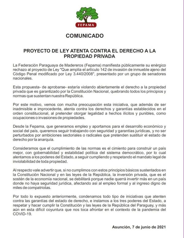 Fepama considera “inadmisible” el cuestionado proyecto de Ley que atentaría contra propiedad privada - Nacionales - ABC Color