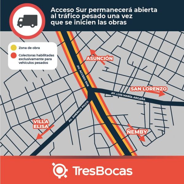 Confirman que tránsito pesado en Acceso Sur no se interrumpirá mientras duren obras en Tres Bocas