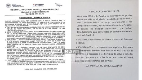 Ante acusación de candidato a concejal, Hospital Regional de PJC y profesionales de blanco emiten comunicado