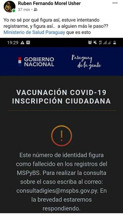 Descubrió que figura como “fallecido” cuando trató de inscribirse - Nacionales - ABC Color