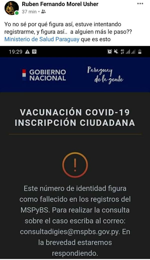 Descubrió que figura como “fallecido” cuando trató de inscribirse - Nacionales - ABC Color