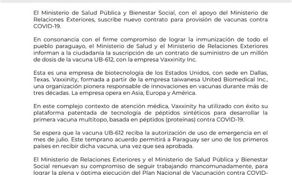 Paraguay suscribe contrato para compra de un millón de vacunas estadounidenses que aun no fueron autorizadas para su uso