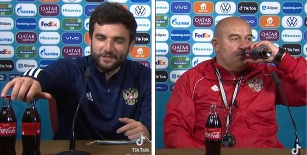 El anti Ronaldo: DT de Rusia toma gaseosa en plena conferencia