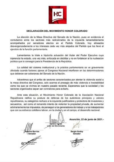 Honor Colorado lamenta alianza oficialista con radicales de izquierda