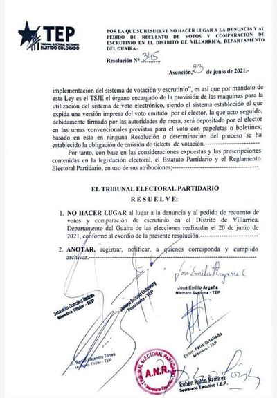 TEP del Partido Colorado rechaza recuento de votos en Villarrica  - Nacionales - ABC Color