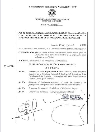 Mario Abdo nombra a Edgar Colmán como nuevo Ministro de la Juventud  - Nacionales - ABC Color