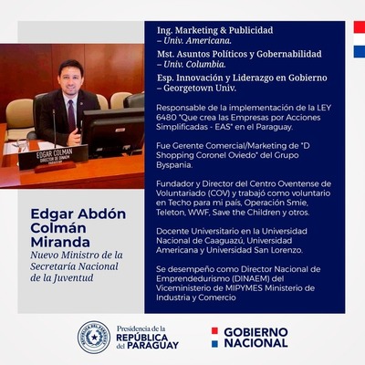 Ejecutivo designó a Edgar Colmán como nuevo ministro de la Juventud - El Trueno
