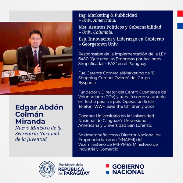 Ejecutivo designó a Edgar Colmán como nuevo ministro de la Juventud - El Trueno
