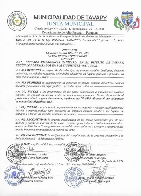 Tavapy declara emergencia sanitaria y suspende varias actividades - ABC en el Este - ABC Color