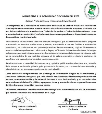 AIEPAP expresa disconformidad con lo expresado por Prieto sobre marihuana - La Clave