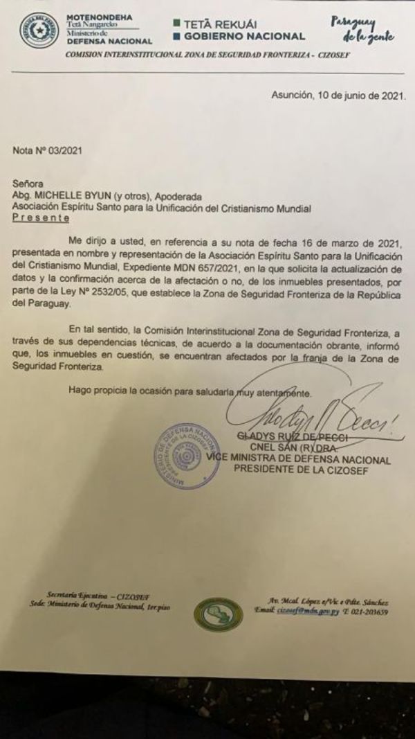 Informe de Ministerio de Defensa ratifica que tierras entregadas por jueza Tania Irún están afectados por franja de seguridad fronteriza