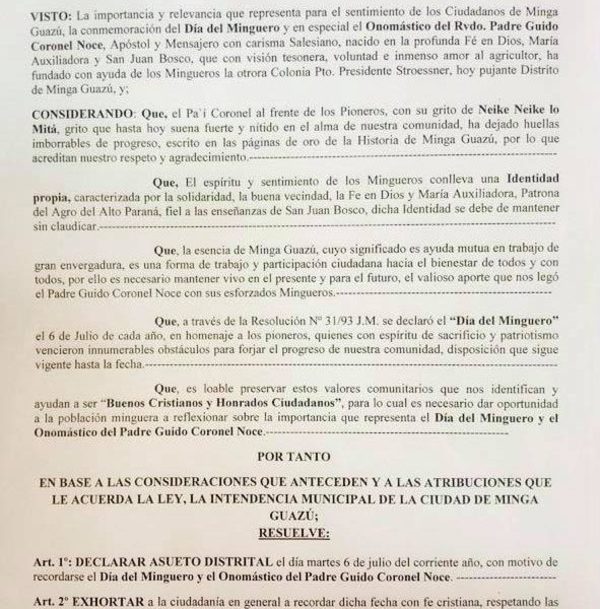 Declaran asueto en Minga Guazú por el Día del Minguero