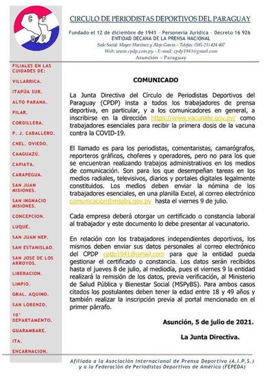 CPDP insta a inscribirse para vacunación - Fútbol - ABC Color