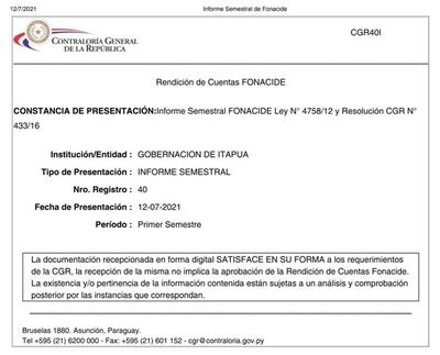 PRESENTACIÓN DE RENDICIÓN DE FONACIDE, POR PARTE DE LA GOBERNACIÓN DE ITAPÚA