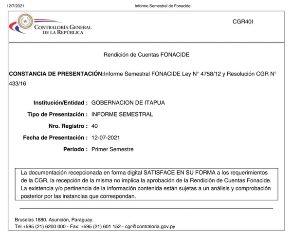 PRESENTACIÓN DE RENDICIÓN DE FONACIDE, POR PARTE DE LA GOBERNACIÓN DE ITAPÚA