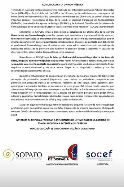 Gremios de fonoaudiología piden a Salud que vacunen a estudiantes de la carrera - Nacionales - ABC Color