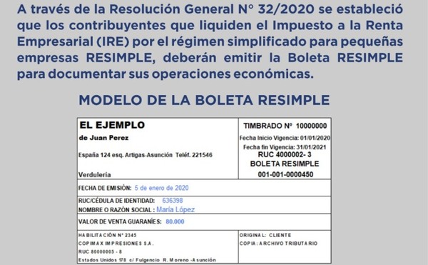 La SET establece Boleta RESIMPLE para pequeñas empresas