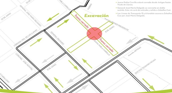 Corredor Vial Botánico: establecen desvíos por excavación en Juana Pabla Carrillo y 8 de Junio