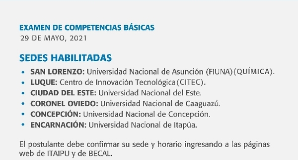 Examen para becas Itaipú se desarrollará en varias sedes habilitadas