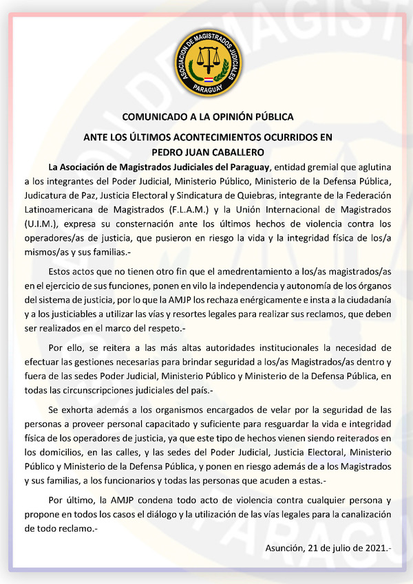 AMJP pide seguridad para todos los operadores de justicia