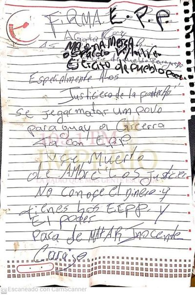 Carta de amenaza supuestamente de parte del EPP causa más risa que miedo