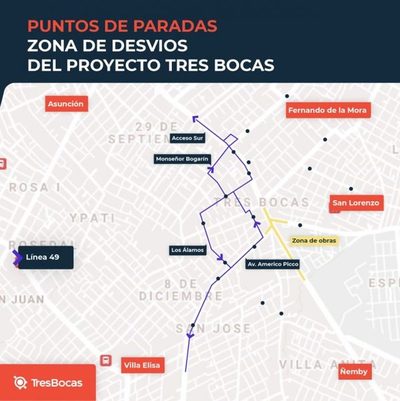 Viceministerio de Transporte reubica 34 paradas de buses en calles alternativas a Tres Bocas