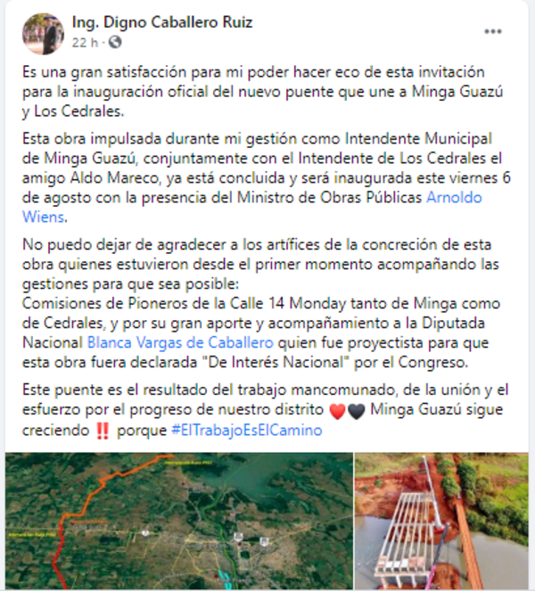 Digno Caballero se adueña de construcción de puente que une Minga Guazú con Cedrales