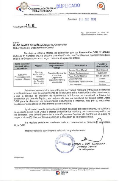 La Contraloría abre nueva auditoría en la Gobernación de Central - Nacionales - ABC Color