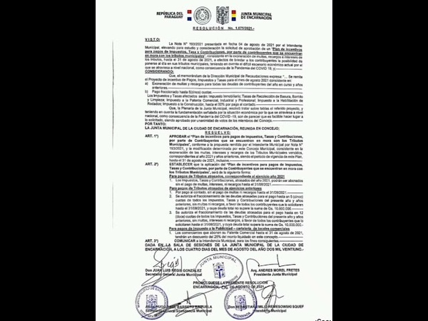 APRUEBAN PLAN DE INCENTIVOS PARA PAGOS DE IMPUESTOS, TASAS Y CONTRIBUCIONES