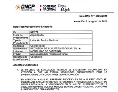Contrataciones ANULA adjudicación de ALMUERZO ESCOLAR en Franco
