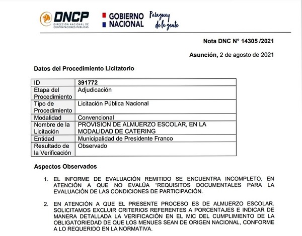Contrataciones ANULA adjudicación de ALMUERZO ESCOLAR en Franco
