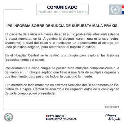 IPS afirma que niña falleció a raíz de un “choque séptico” - Nacionales - ABC Color