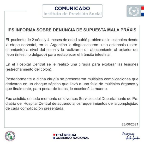 IPS afirma que niña falleció a raíz de un “choque séptico” - Nacionales - ABC Color