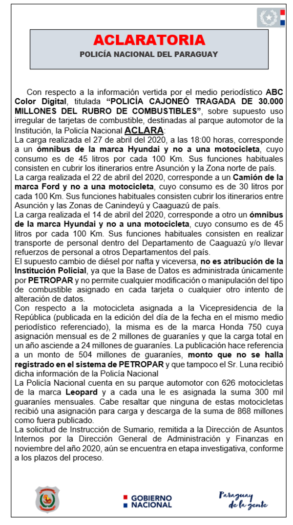 Policía niega “tragada” de plata en combustible y alega alto consumo de sus vehículos - Nacionales - ABC Color