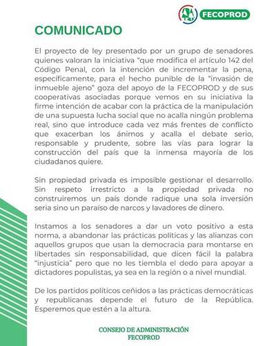 FECOPROD emite comunicado referente a proyecto de ley para hecho punible de “Invasión de Inmueble ajeno”