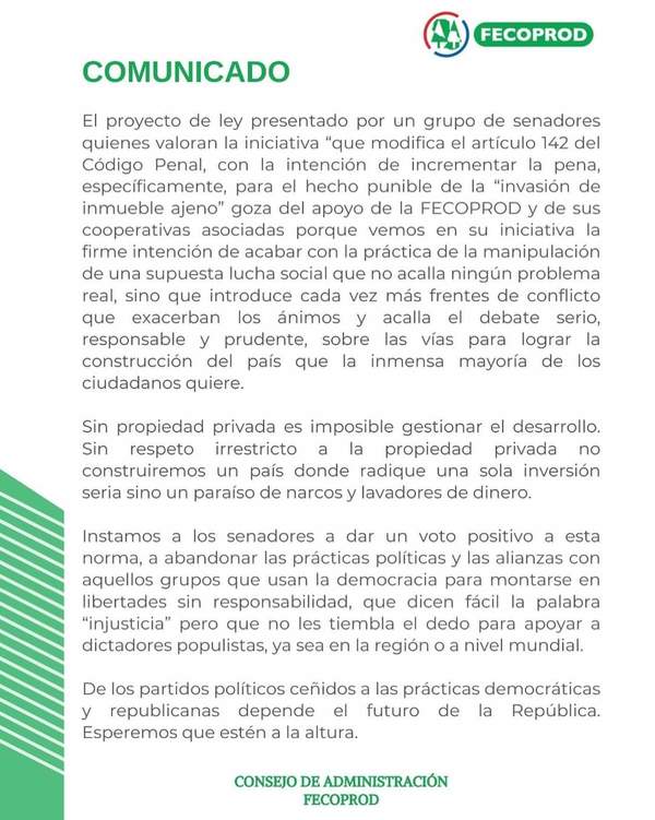 FECOPROD emite comunicado referente a proyecto de ley para hecho punible de “Invasión de Inmueble ajeno”