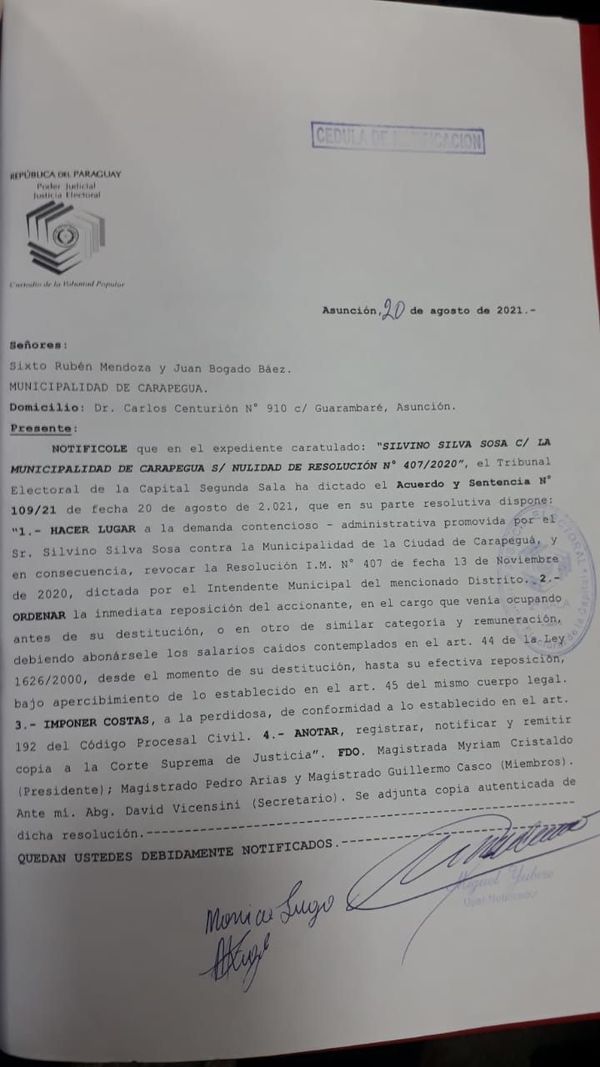 Funcionario municipal gana millonario juicio a Comuna carapegüeña - Nacionales - ABC Color