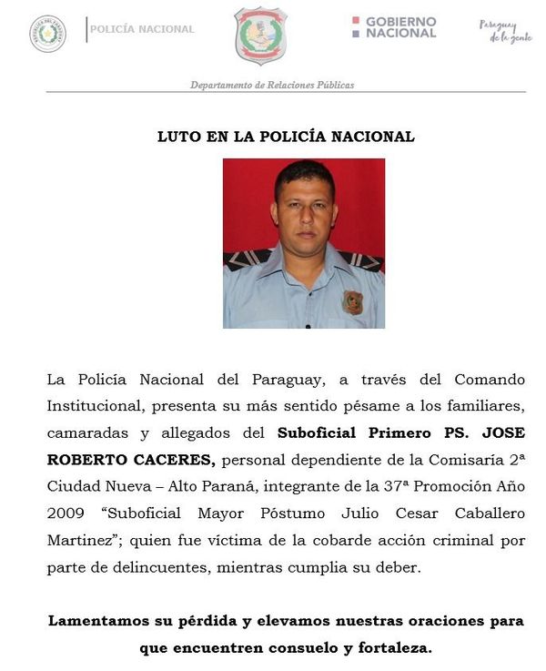 Policía Nacional declara tres días de duelo en homenaje a suboficiales asesinados - Nacionales - ABC Color