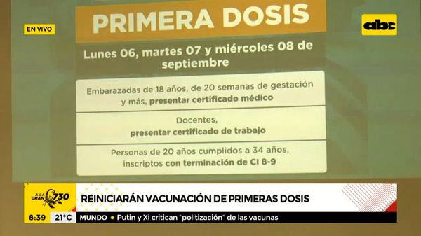 Reiniciarán aplicación de primeras dosis anticovid, desde el lunes - A la gran 730 - ABC Color