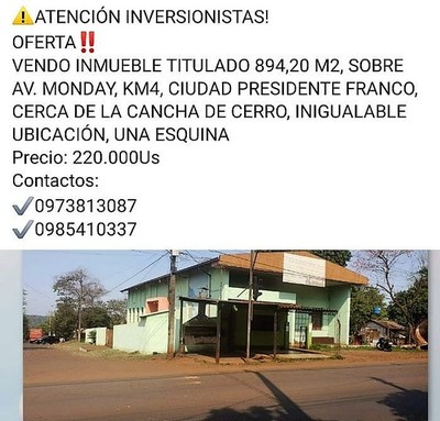 Ofrecen en US$ 220 mil un salón “COMUNITARIO” en Franco