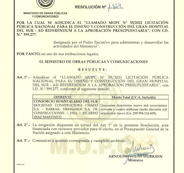 Consorcio ligado a Engineering gana millonaria licitación del “Hospital del Sur” - Nacionales - ABC Color