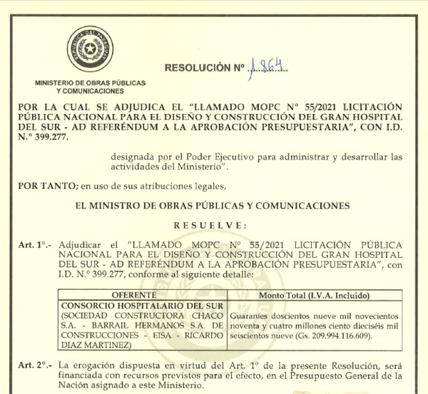 El MOPC resalta millonario ahorro en licitación del Gran Hospital del Sur - .::Agencia IP::.