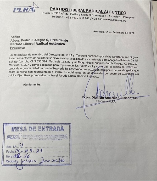 Tesorero del PLRA pide a Alegre nuevos abogados para encarar demandas en los fueros civil y comercial - ADN Digital