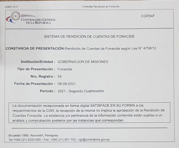 Gobernación de Misiones presento rendición de cuentas FONACIDE a la Contraloría