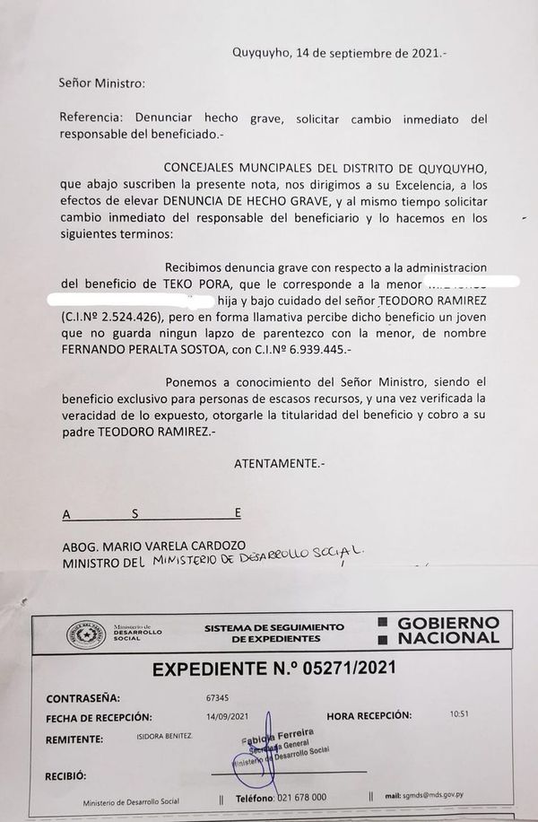 Denuncian que operador del diputado Samaniego cobra Tekoporã a nombre de una niña  - Nacionales - ABC Color