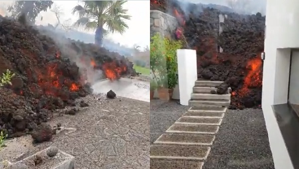 Lava ardiendo llega a casas en La Palma